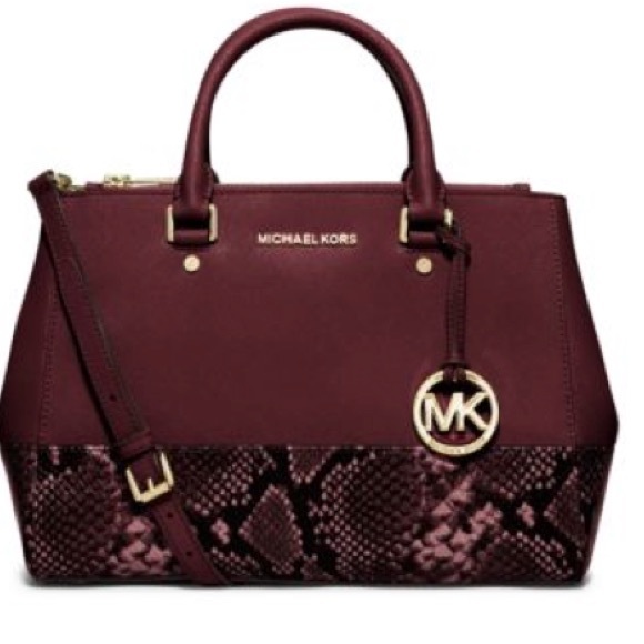 Michael Kors Handbags - Michael Kors Sutton Maroon Leather
Python Detail Carryall Satchel Shoulder Bag